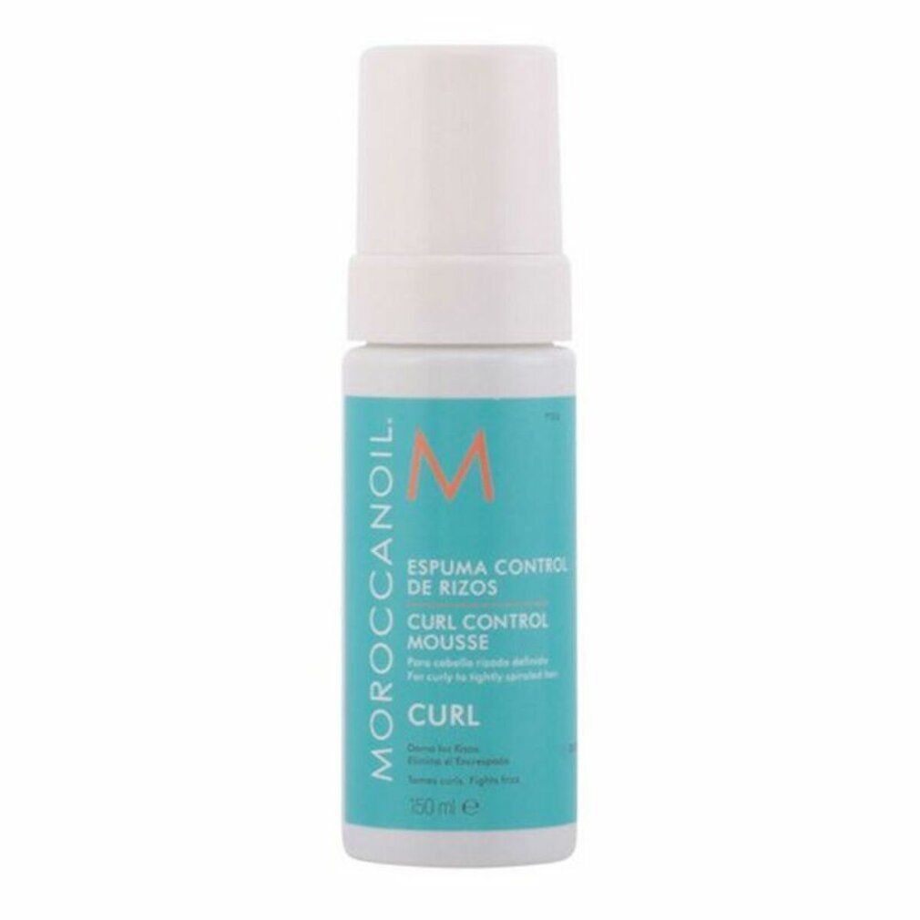 Weiße Flasche mit blauem Etikett. Aufschrift: Moroccanoil Curl Control Mousse. 150 ml.