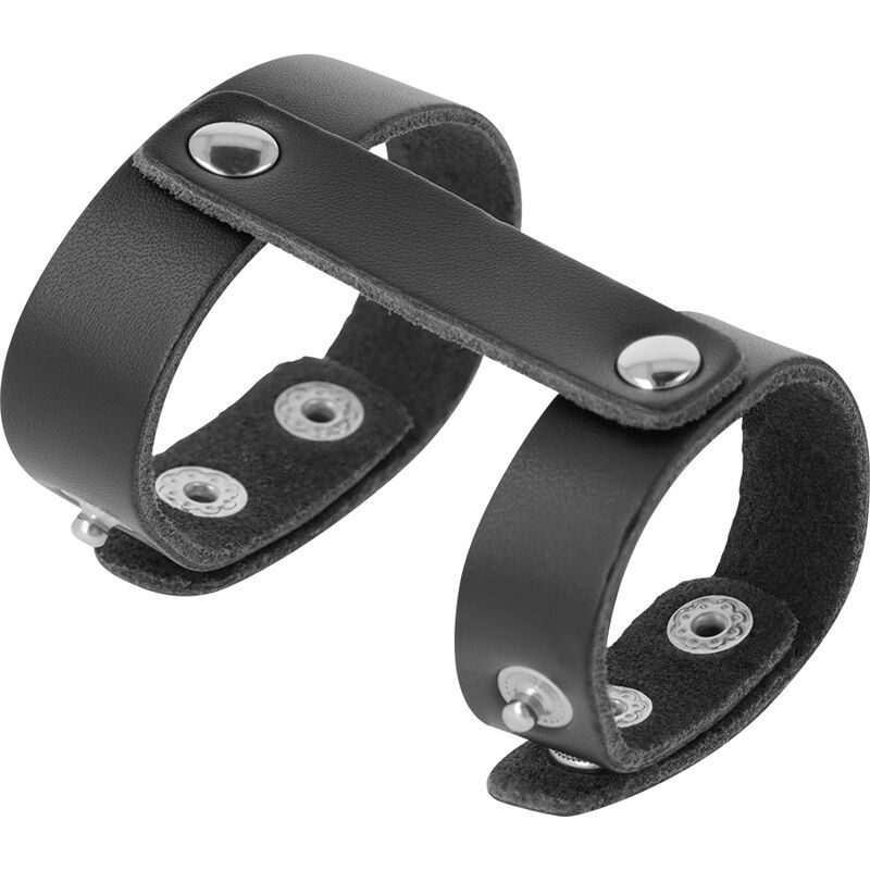 Schwarzer Lederring mit zwei Ringen, verbunden durch einen Steg. Mit silberfarbenen Nieten befestigt.