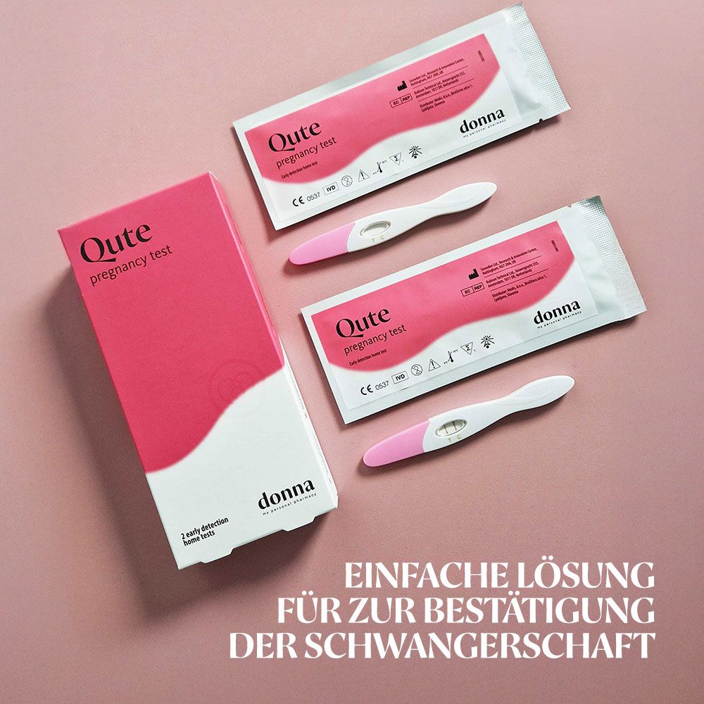 Rosa Verpackung und Teststäbchen. Aufdruck: Qute pregnancy test. Zwei Tests. Marke: donna. Text: Einfache Lösung zur Bestätigung der Schwangerschaft.