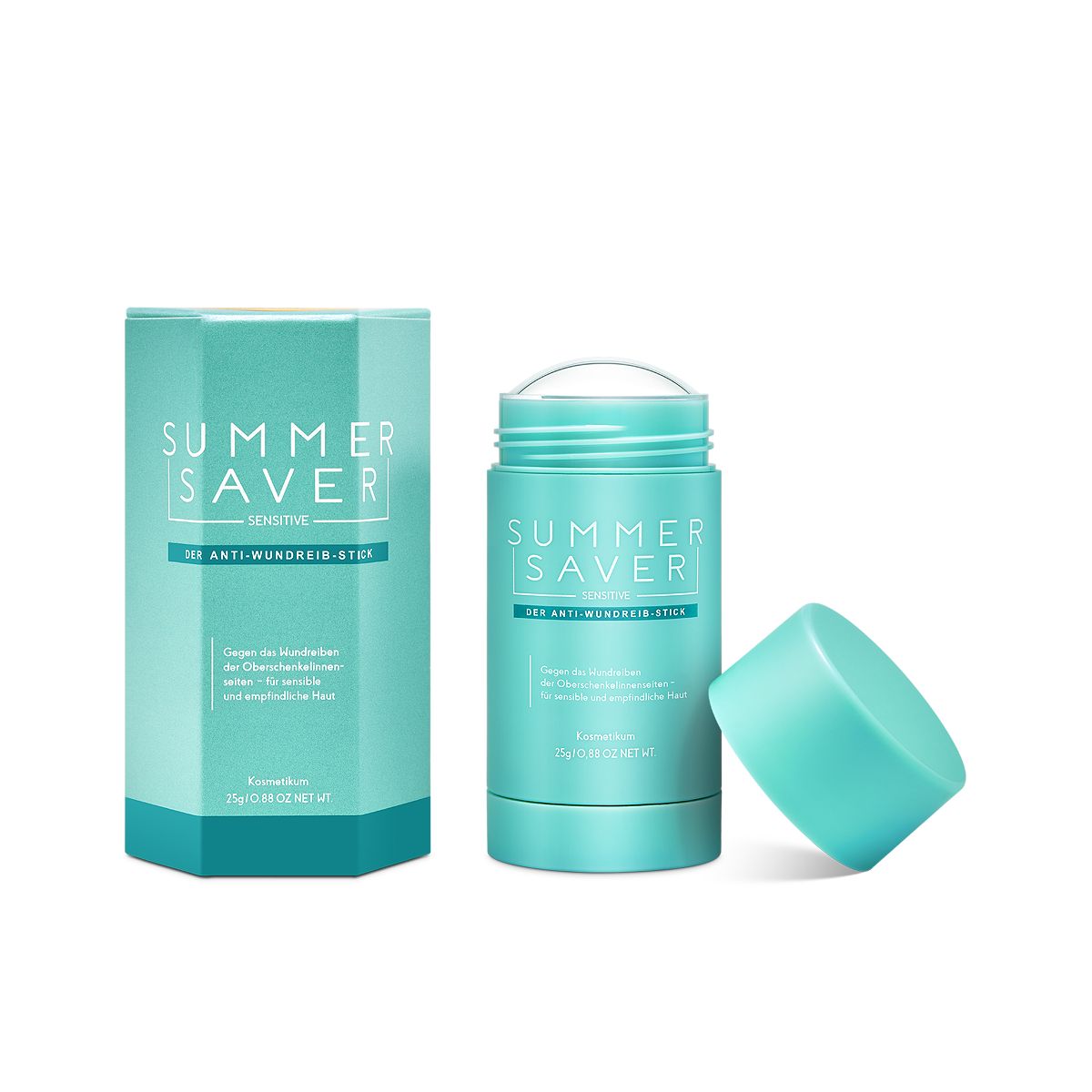 Türkisfarbener Stick und Verpackung. Aufschrift: SUMMER SAVER, ANTI-WUNDREIB-STICK. Deckel liegt daneben.