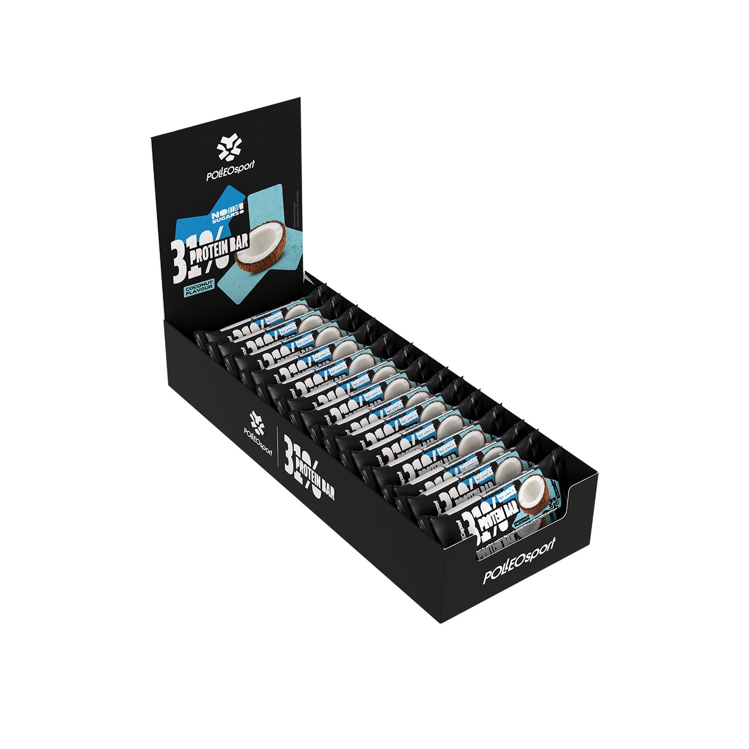 Schwarzer Karton mit Proteinriegeln. Aufdruck: 31% Protein Bar, Kokosnuss. Marke: PolleoSport.