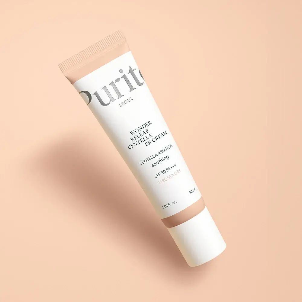 Tube BB Cream, schräg. Marke Purito, Text: Wonder Releaf Centella BB Cream, SPF 30 PA+++, Farbton Rose Ivory.