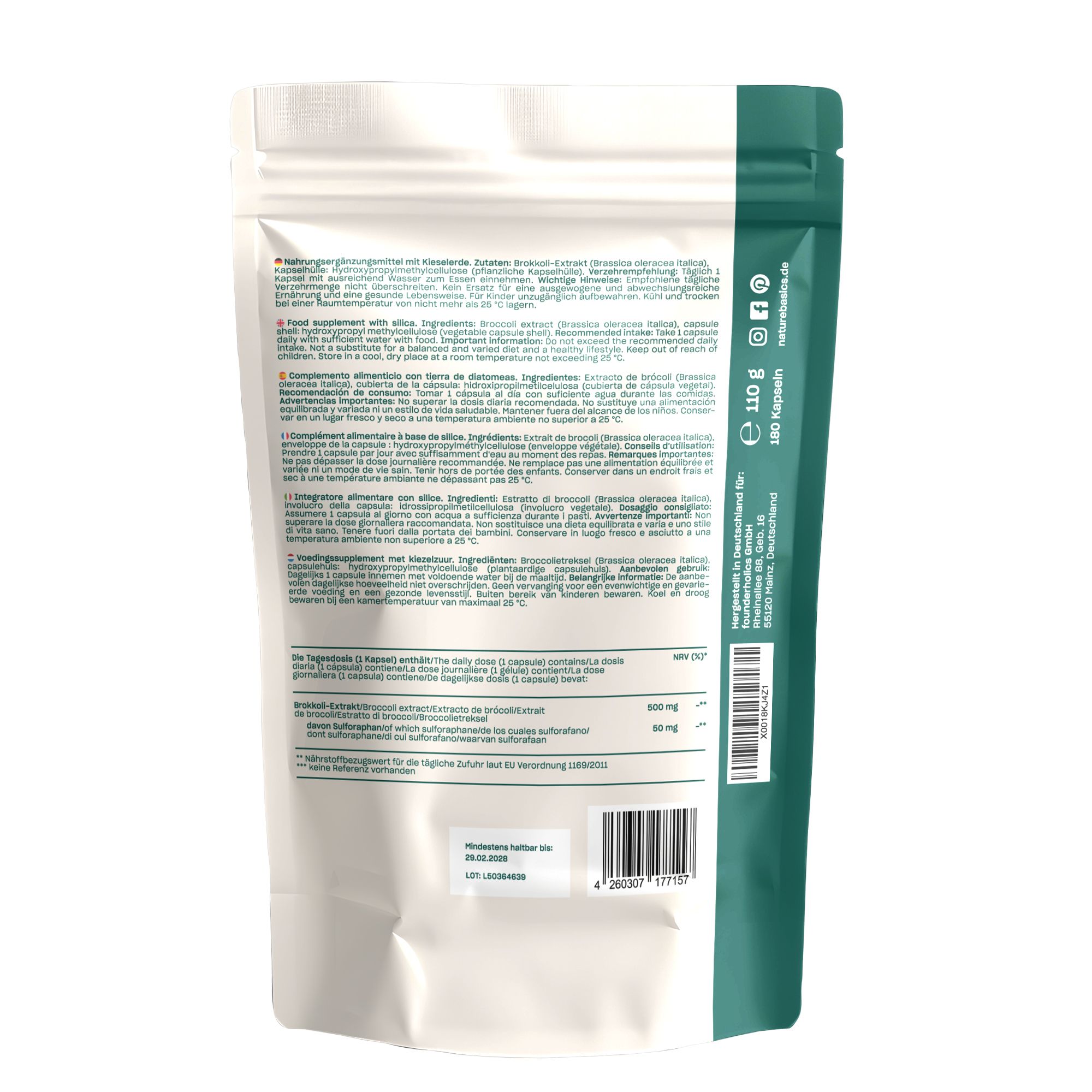 Rückseite des Beutels. Text: Nahrungsergänzungsmittel mit Sulforaphan. Inhaltsstoffe, Dosierung, Hinweise. Logo: NATURE BASICS.