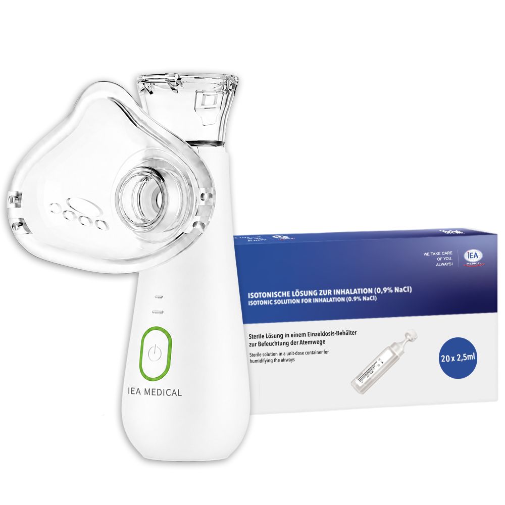 Weißer Vernebler mit Maske und einer Packung Inhalationslösung (20x 2,5ml).