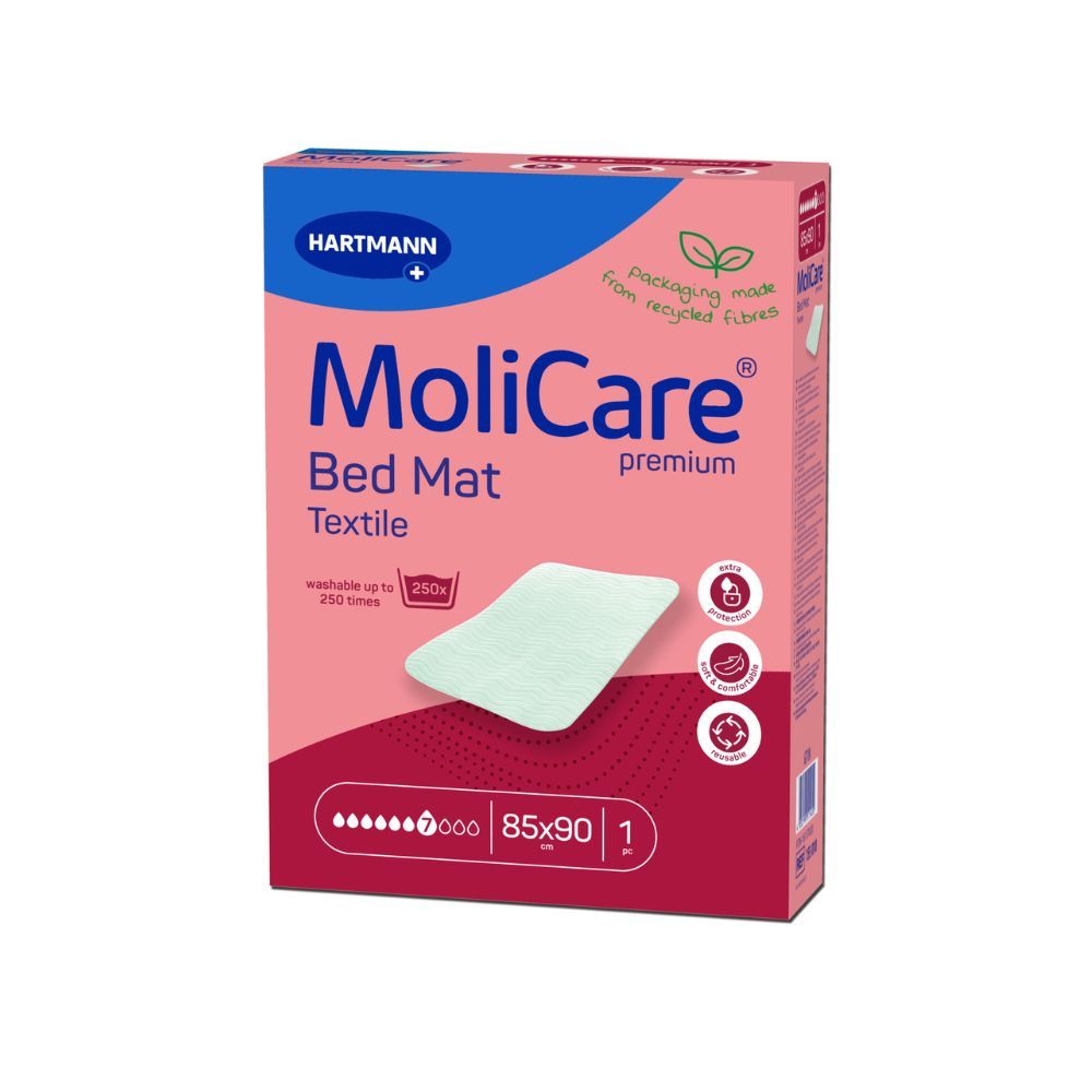 Verpackung von MoliCare Bed Mat Textile. Rosa-weiß, mit Produktabbildung und Text. 85x90 cm, 1 Stück.