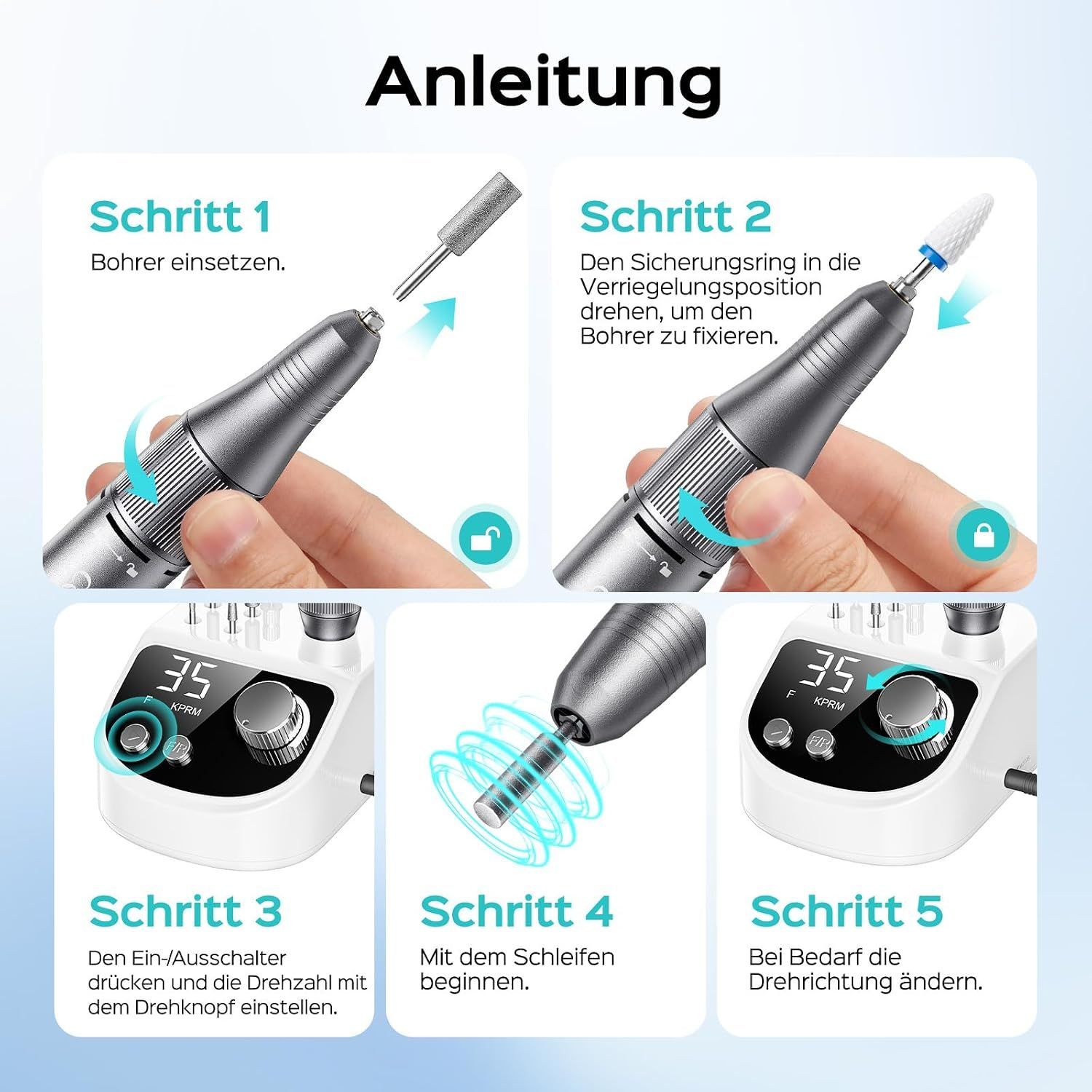 Anleitung zur Verwendung des elektrischen Nagellochers: Bohrer einsetzen, sichern, Geschwindigkeit einstellen.