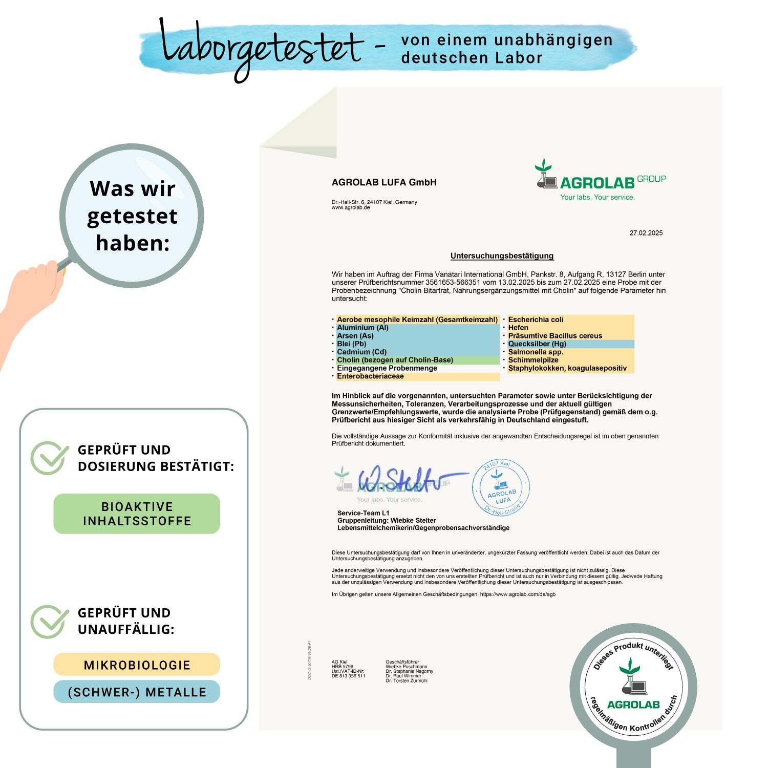 Zertifikat von Agrolab LUFA GmbH. Bestätigung der Bioaktiven Inhaltsstoffe und Mikrobiologie. Geprüft und dosiert bestätigt.
