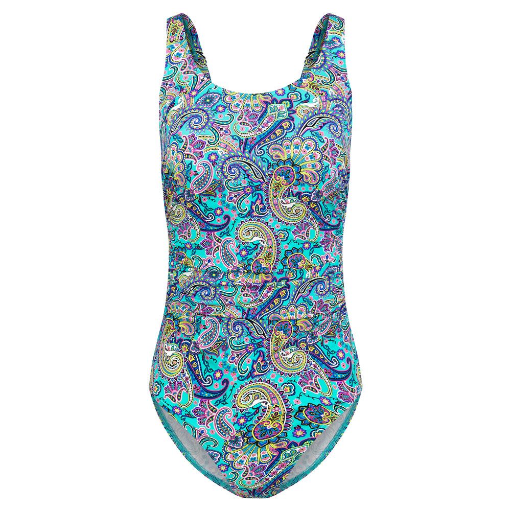 Badeanzug mit Paisley-Muster. Der Badeanzug hat einen Rundhalsausschnitt und Träger. Das Muster ist in Türkis, Lila und Gelb gehalten.