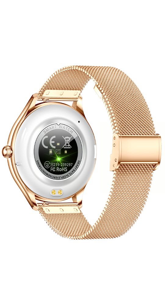 Rückseite einer goldfarbenen Smartwatch. Zeigt CE-Kennzeichnung, FCC-Logo und Informationen zur Herzfrequenzüberwachung.