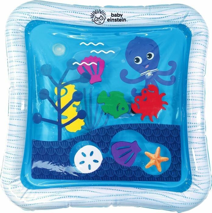 Baby Einstein Wassermatte. Rechteckige, blaue Matte mit Meerestieren und -pflanzen. Aufblasbarer Rand. Logo Baby Einstein.