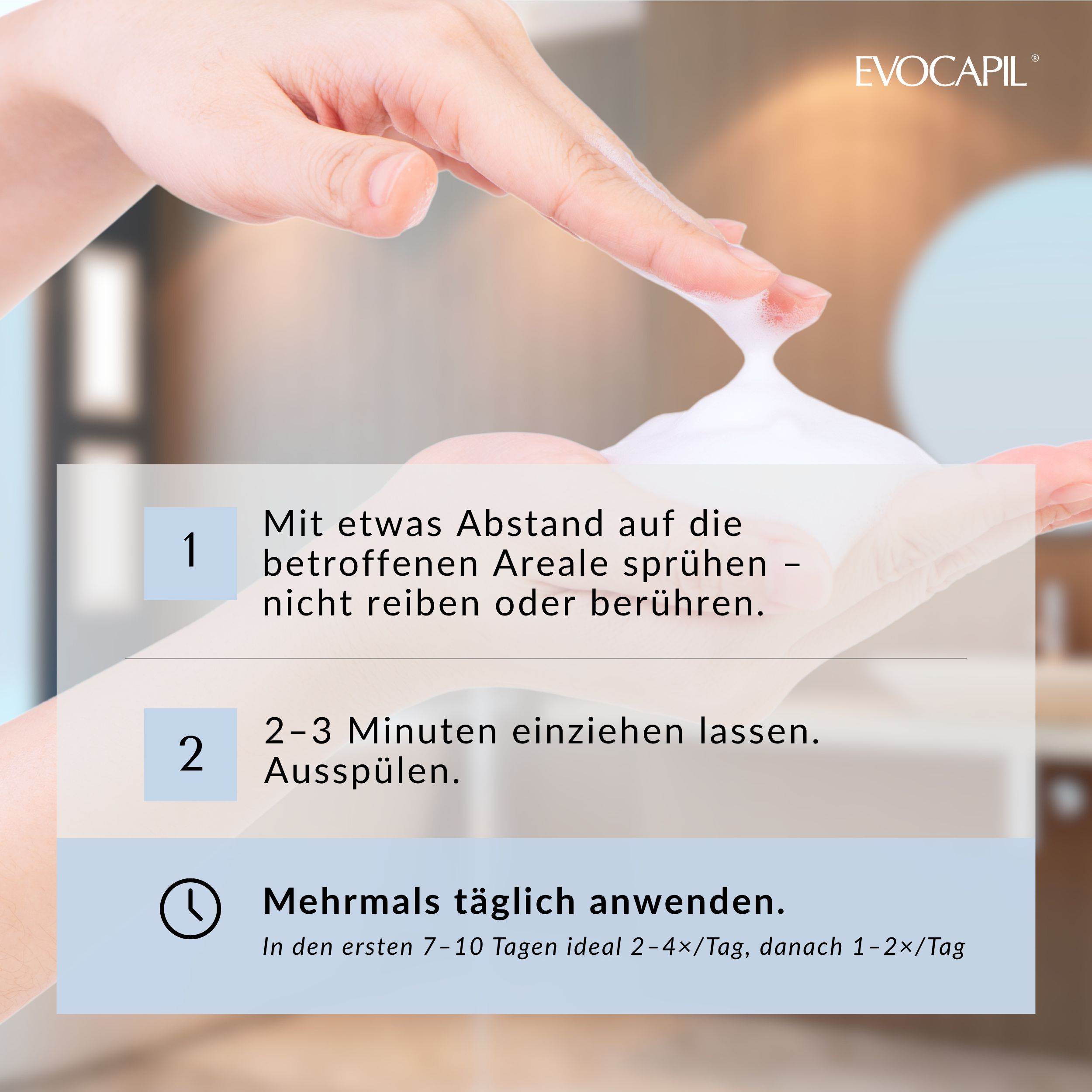 Anwendungshinweise: Auf betroffene Areale sprühen, 2-3 Minuten einwirken lassen, ausspülen. Mehrmals täglich anwenden.