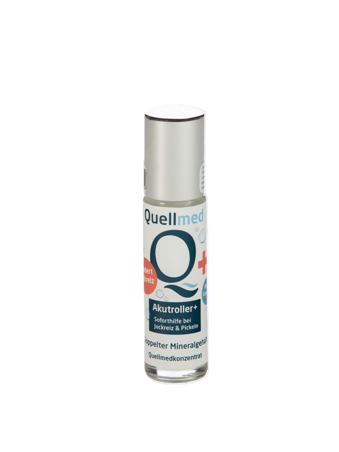 Roll-on-Flasche mit silbernem Deckel. Aufschrift: Quellmed, Akutroller+. Doppelter Mineralgehalt. Transparente Flüssigkeit sichtbar.