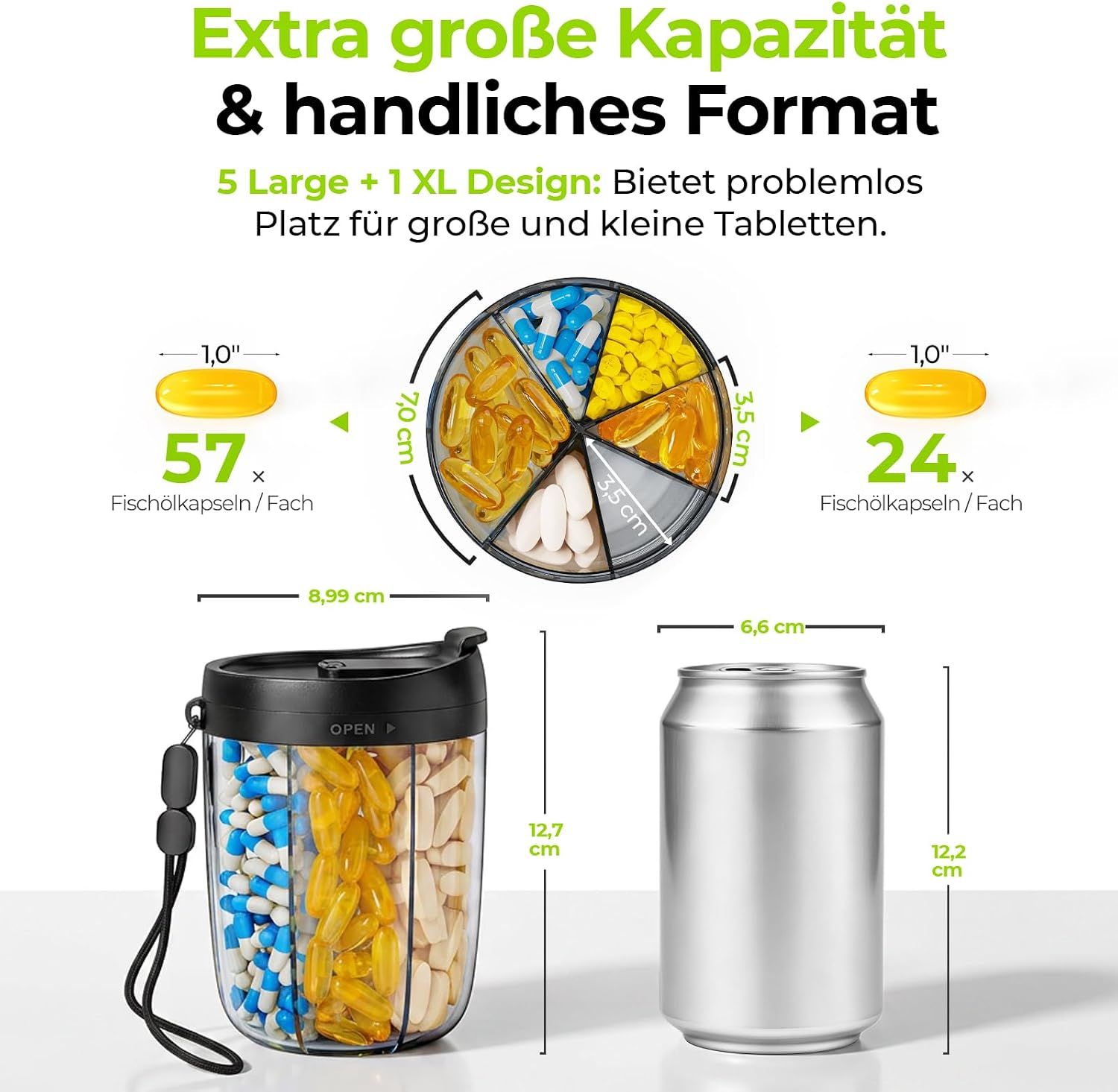 Offener Pillenbehälter mit sieben bunten Tagesfächern, beschriftet mit Wochentagen und Symbolen.