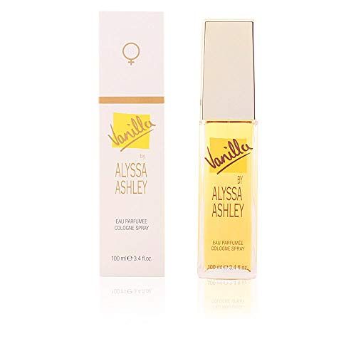 Alyssa Ashley Vanilla Eau Parfumee Cologne Spray Flakon und Verpackung mit Frauensymbol.