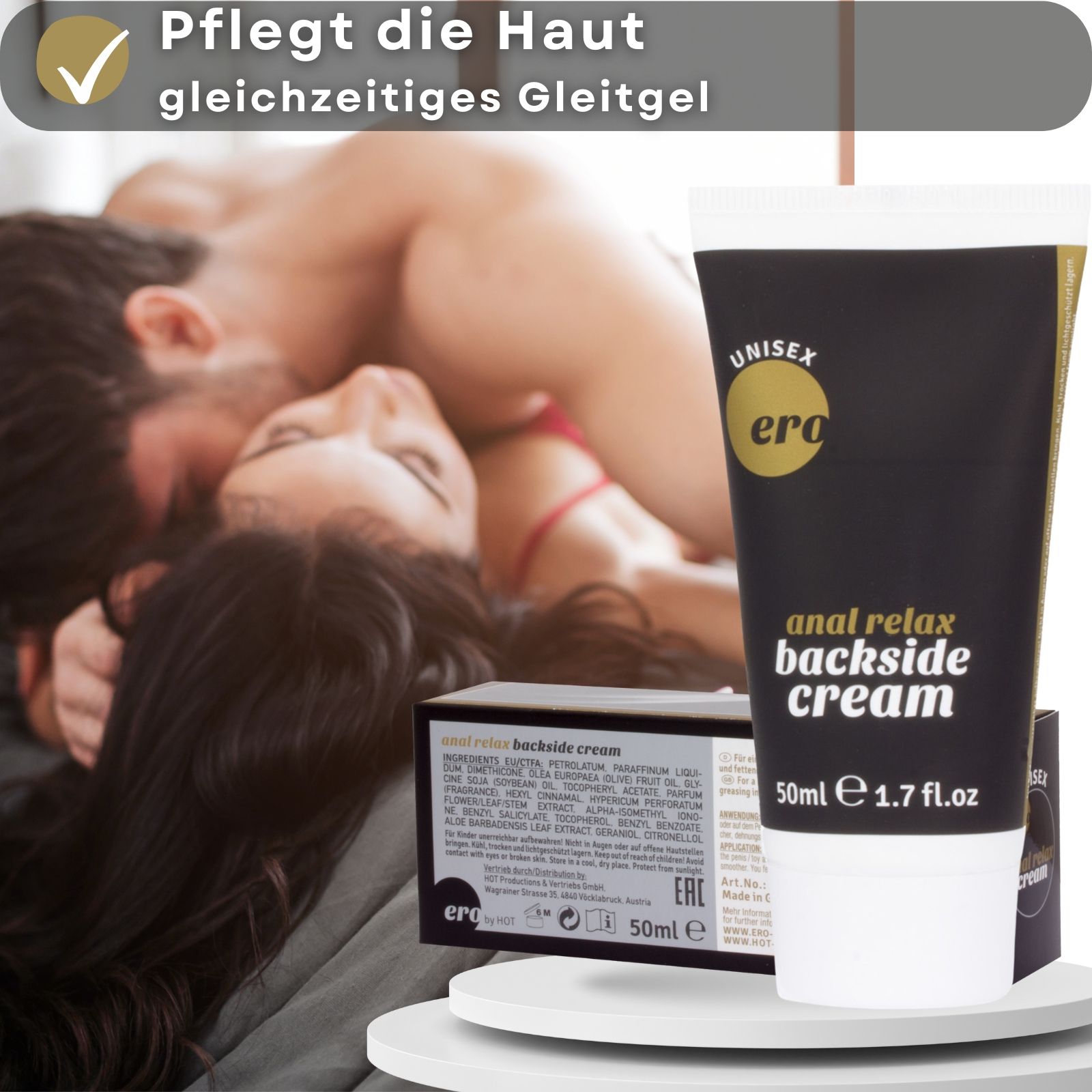 Creme-Tube und Schachtel. Tube: schwarz, weißer Aufdruck. Schachtel: weiß, goldfarben. Aufschrift: Ero, Anal Relax Cream. 50ml.