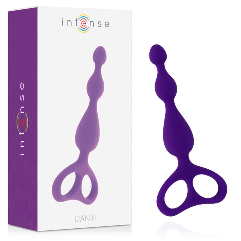 Produktverpackung mit lila Anal-Stimulator. Auf der Verpackung steht 'Intense' und 'Danti'.