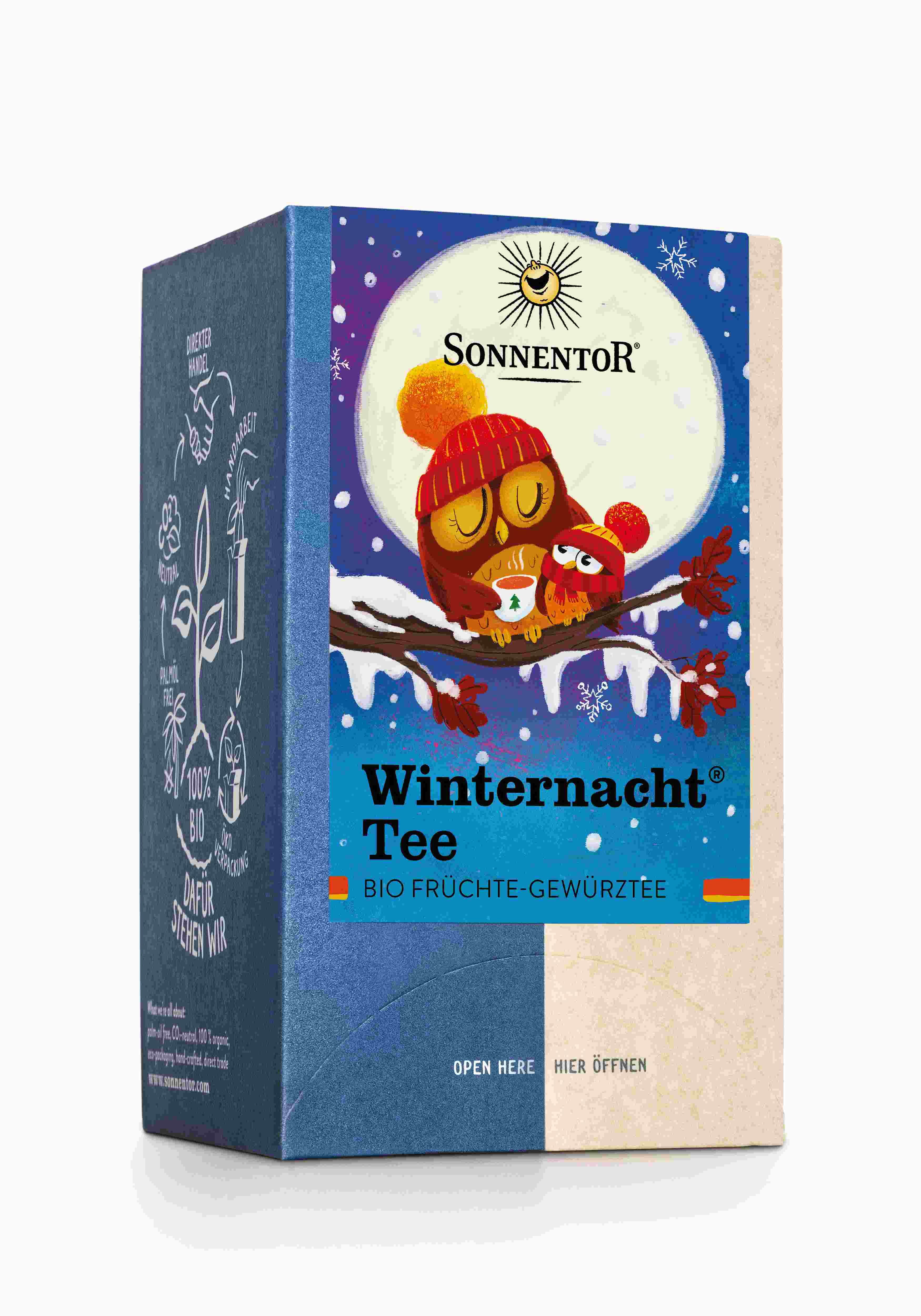 Karton mit Teebeuteln. Aufdruck: Eulen auf Ast, Mond, Schriftzug SonnentoR, Winternacht Tee, Bio Früchte-Gewürztee.