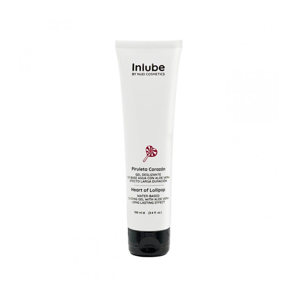 Weißes Gel in Tube mit schwarzem Deckel. Aufschrift: Inlube, Piruleta Corazón, Heart of Lollipop.