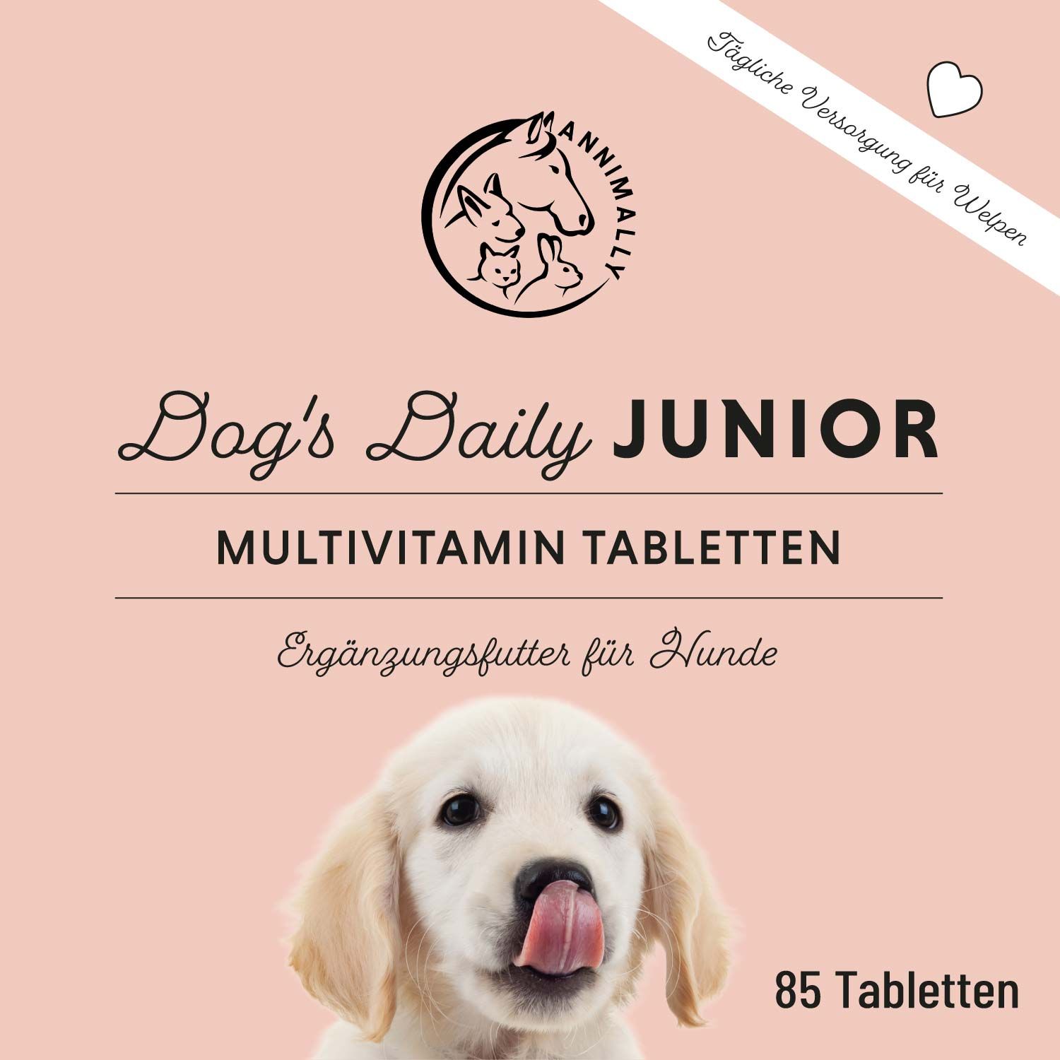 Rosa Hintergrund mit Produktnamen Dog's Daily Junior, Logo, Text und einem Welpen. 85 Tabletten. Ergänzungsfutter für Hunde.