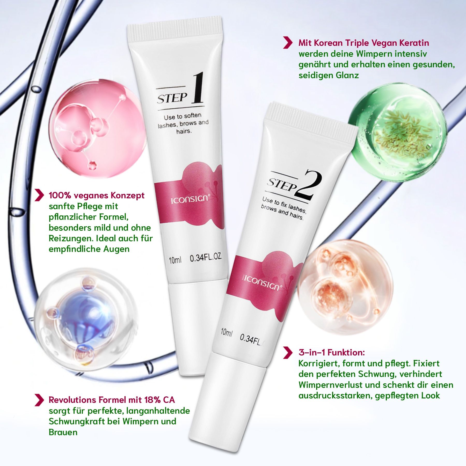 Zwei Tuben mit Creme, 'STEP 1' und 'STEP 2'. Weiße Tuben mit rosa Akzenten. 10ml, 0.34FL.OZ.