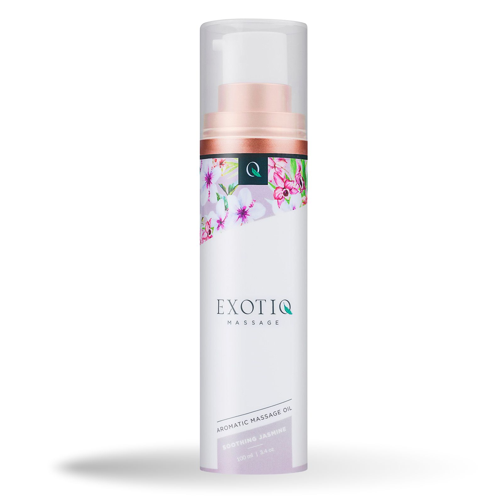 Weiß-rosa Flasche mit transparentem Deckel. Aufschrift: EXOTIQ Massage, Aromatic Massage Oil, Soothing Jasmine. Floral-Design.