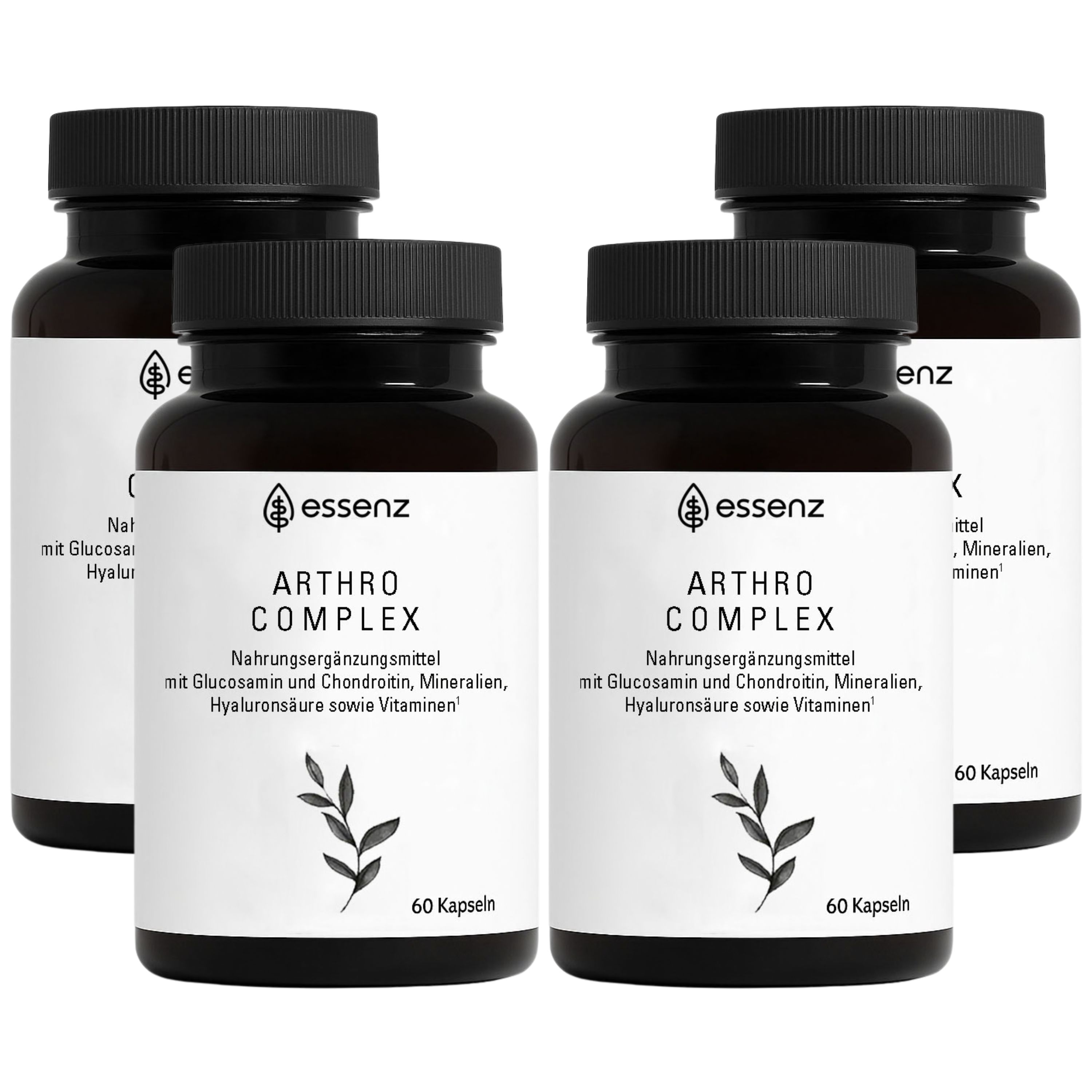 Vier Flaschen ESSENZ Arthro Complex Kapseln, jeweils 60 Kapseln.