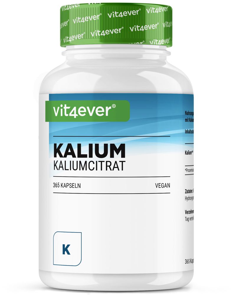 Weiße Flasche mit grünem Deckel. Aufschrift: vit4ever, Kalium Kaliumcitrat, 365 Kapseln, Vegan. K-Symbol.