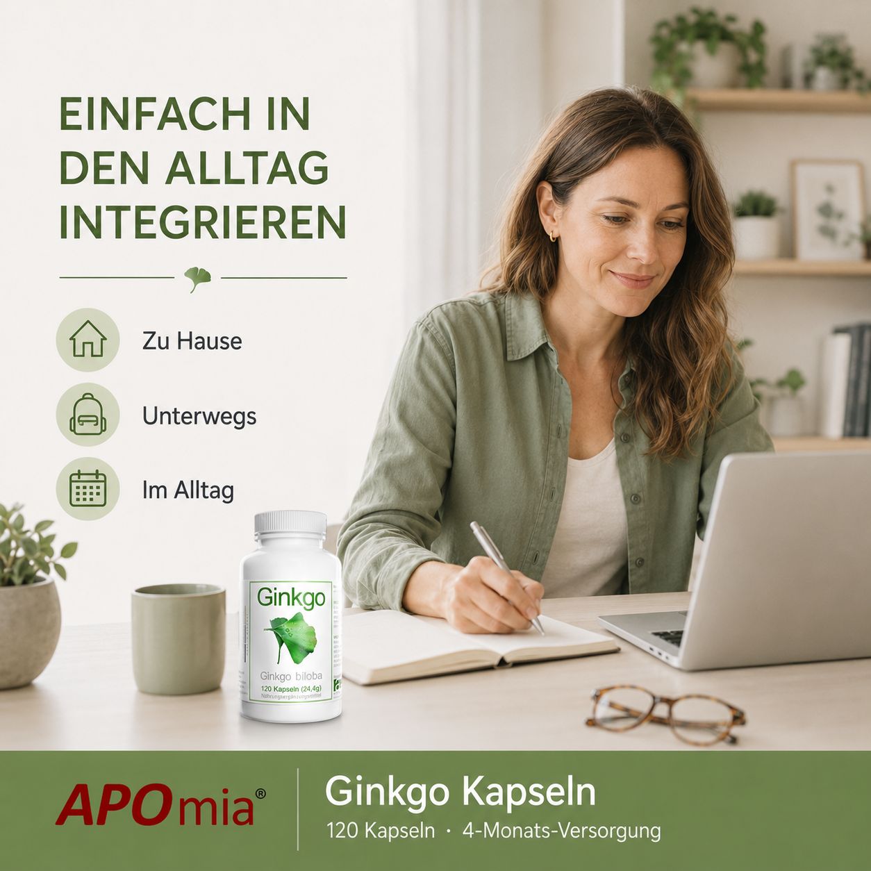 Flasche Ginkgo Kapseln auf einem Schreibtisch, mit Informationen zur Integration in den Alltag.