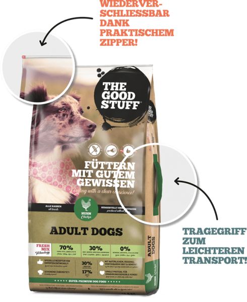 Hundefutter-Beutel mit Hundefoto. Text: THE GOODSTUFF, FÜTTERN MIT GUTEM GEWISSEN, Huhn, Adult Dogs. Wiederverschließbar, Tragegriff.