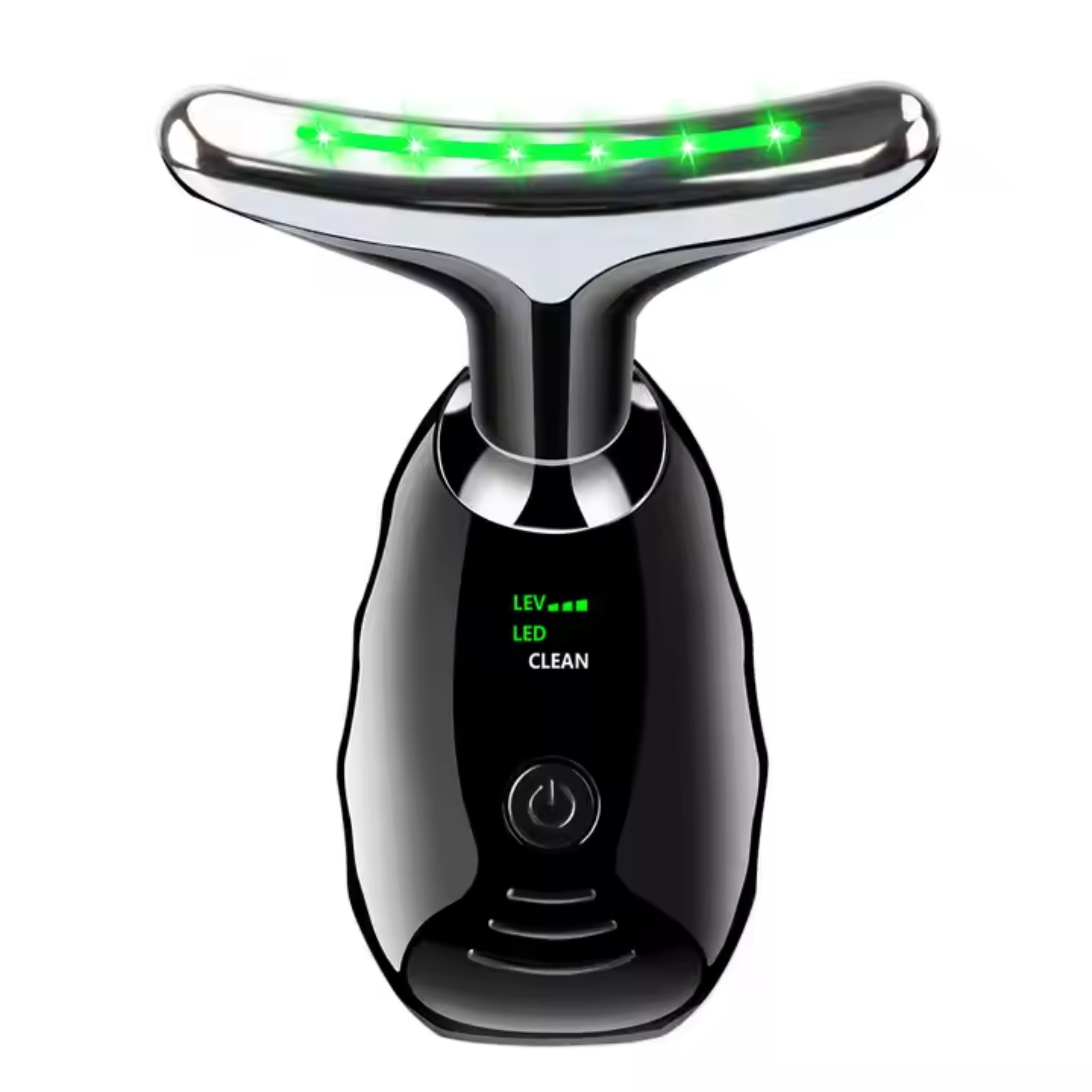 Schwarzes Anti-Aging-Gesichts- und Nackenmassagegerät mit silbernen Akzenten. Mit grünen LEDs. Power-Taste und LED-Anzeige.