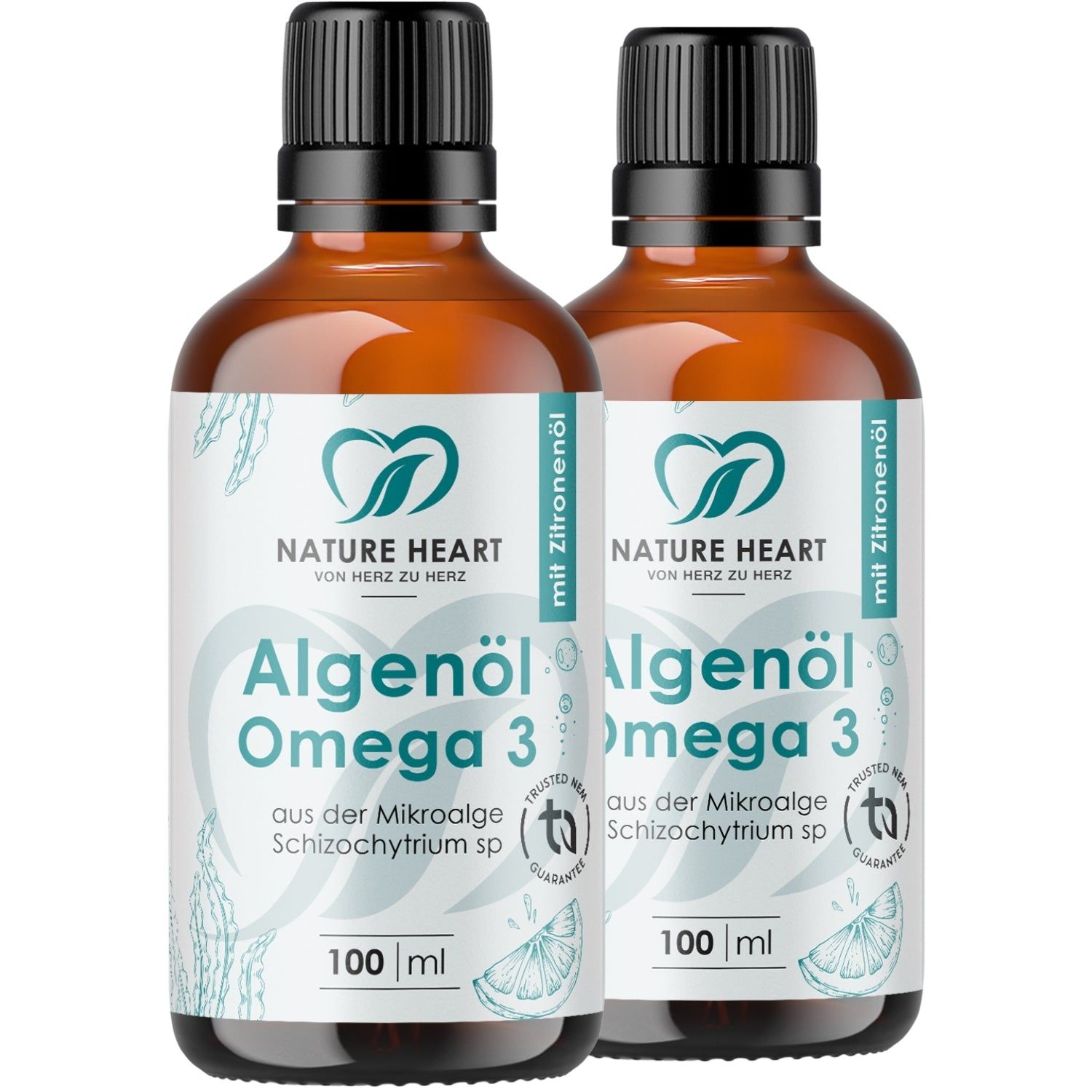 Zwei Flaschen Nature Heart Algenöl Omega 3, je 100 ml, mit Zitrone.