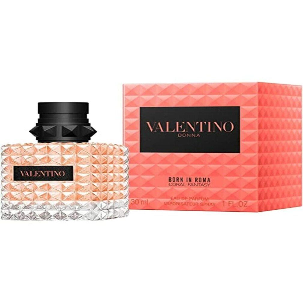 Valentino Donna Born in Roma Coral Fantasy. Flakon und Verpackung. Schwarzer Verschluss, quadratischer Flakon mit Noppenmuster.