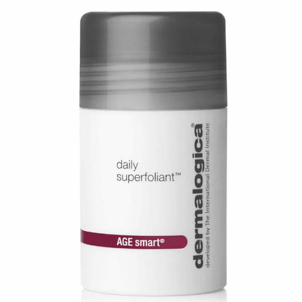 Zylindrische weiße Dose mit grauem Deckel. Aufschrift: "daily superfoliant" und "AGE smart". Marke: dermalogica.