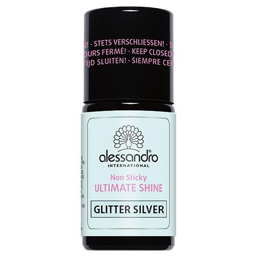 Alessandro International Ultimate Shine Nagellack. Schwarz-silberne Flasche mit Produktbezeichnung und Warnhinweisen.