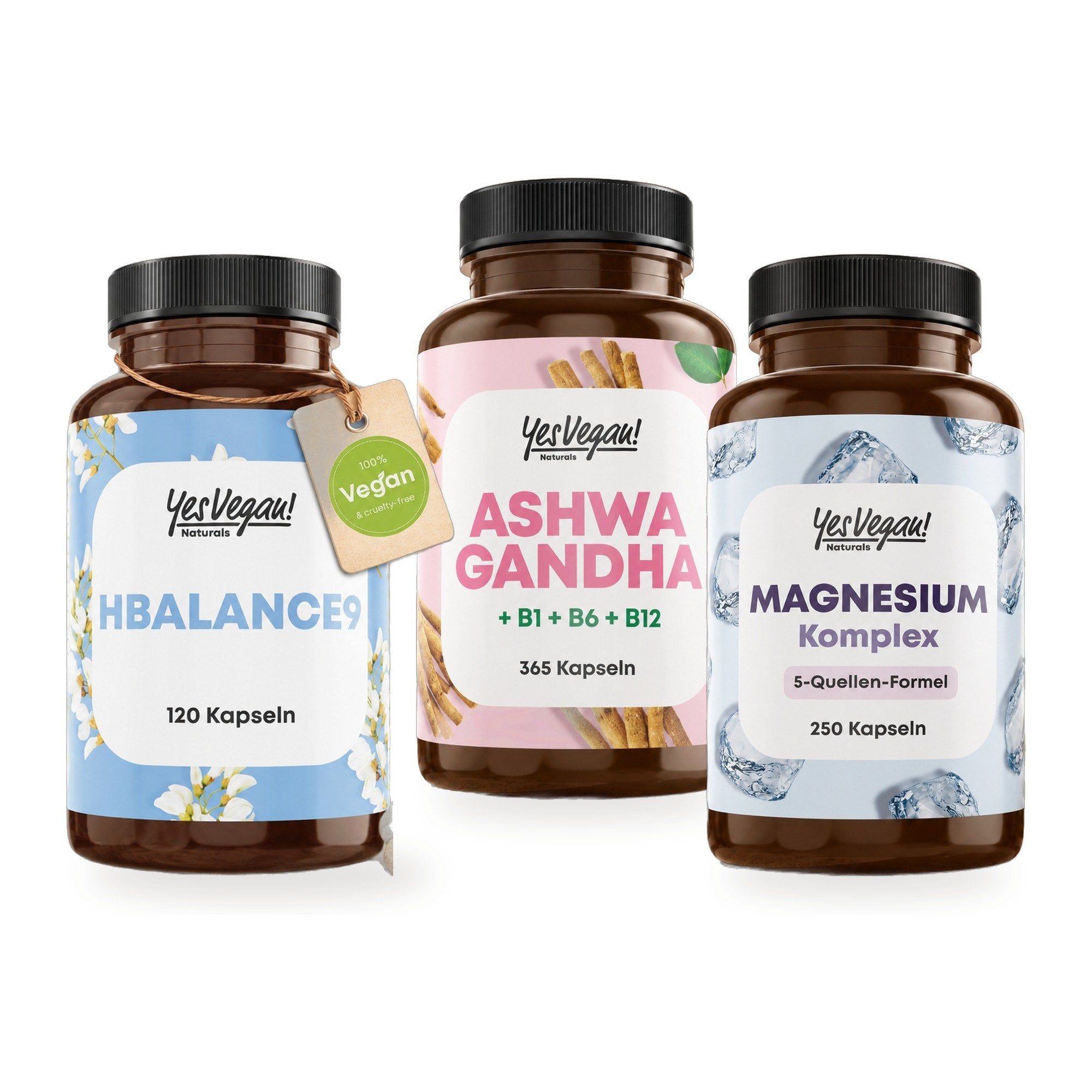Drei Yes Vegan Produkte: HBalance9 (120 Kapseln), Ashwagandha (365 Kapseln) und Magnesium Komplex (250 Kapseln).