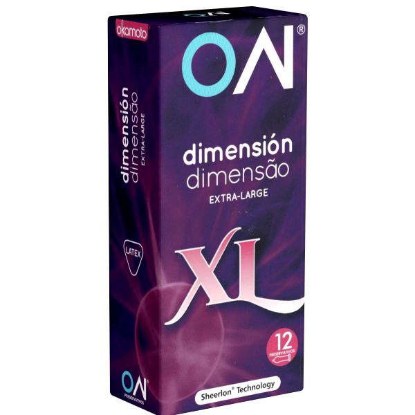 Violette Schachtel mit "ON"-Logo und Text "dimensión dimensão EXTRA-LARGE XL". Enthält 12 Kondome. "Sheerlon Technology".
