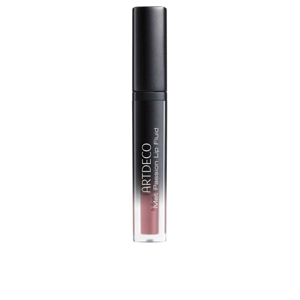 Artdeco Mat Passion Lip Fluid, geschlossene Flasche. Schwarzer Deckel, transparente Hülse, rosa Inhalt. Text: Mat Passion Lip Fluid.
