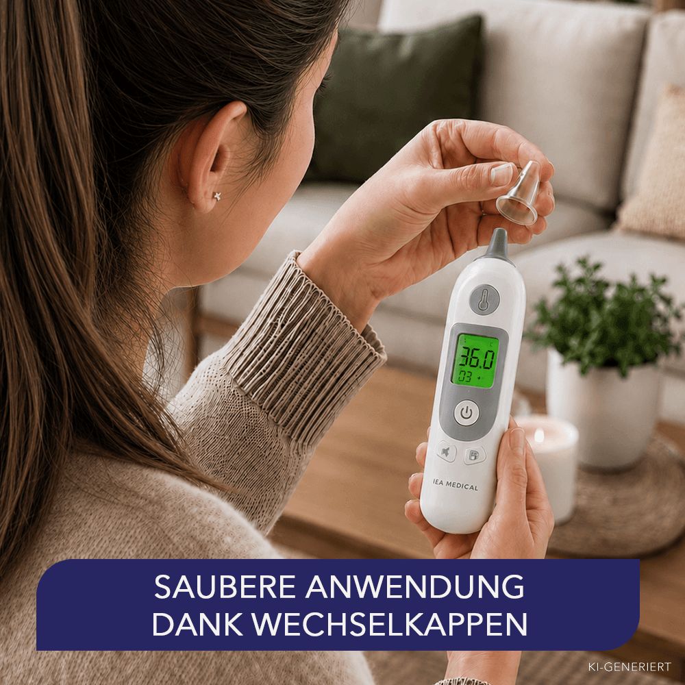 Frau setzt Schutzkappe auf Ohrthermometer. Text: Saubere Anwendung dank Wechselkappen.