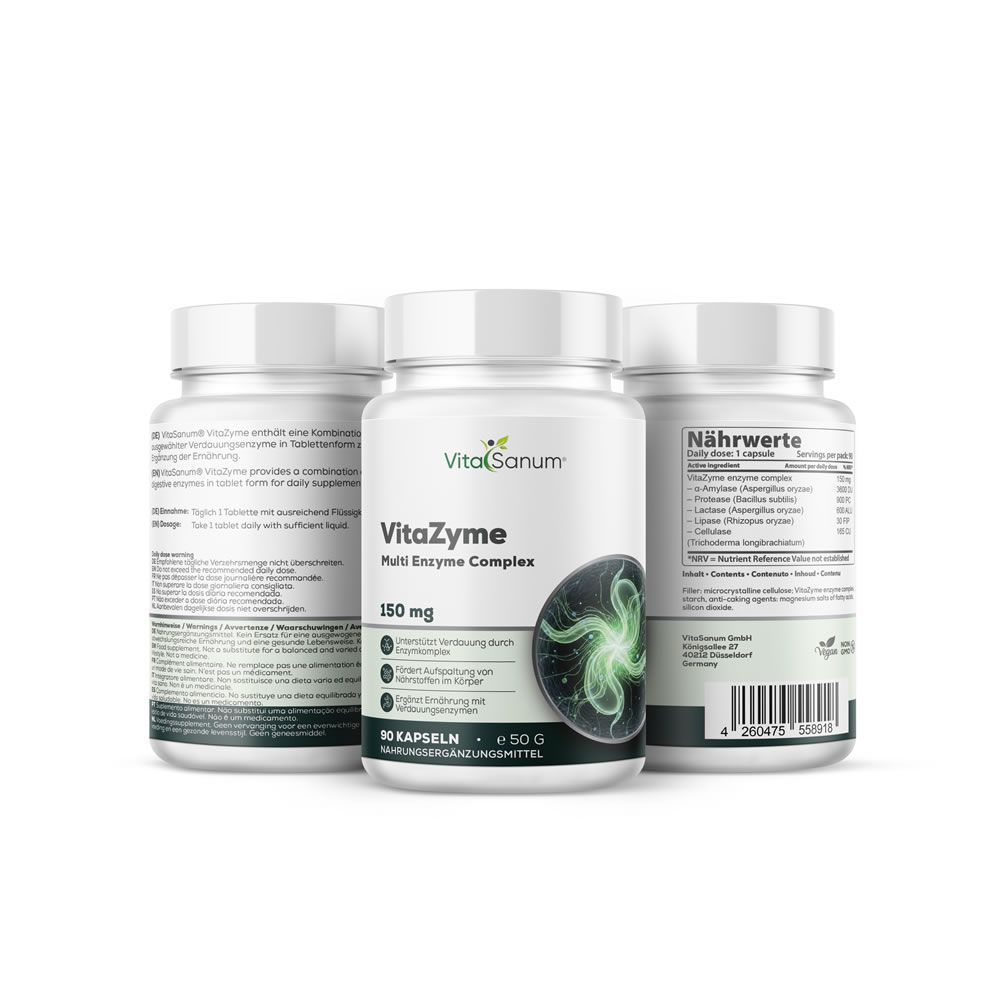 Drei weiße Flaschen VitaSanum VitaZyme. Mittlere Flasche mit Produktinformationen und 150 mg. 90 Kapseln.