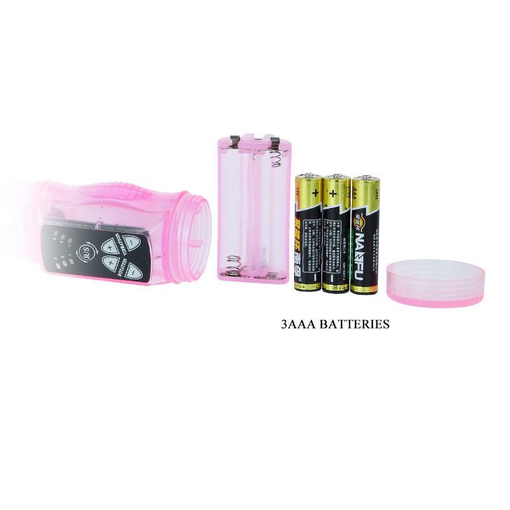 Rosa Vibrator mit Batterien und Batteriefach. Enthält 3 AAA-Batterien und ein Batteriefach.