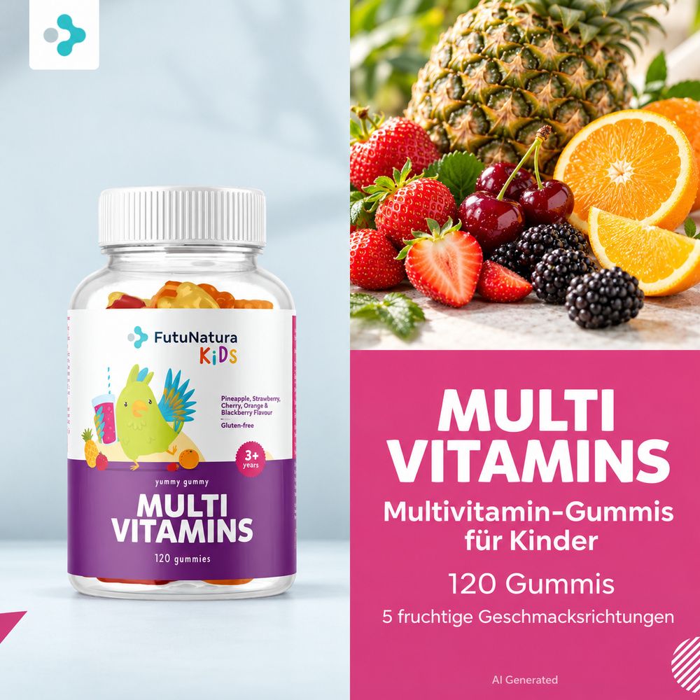 Flasche mit 120 FutuNatura Kids Multivitamin-Gummis, Beeren und Früchten.