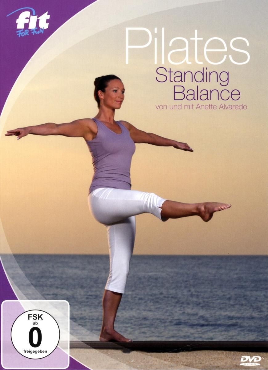 DVD "Fit For Fun Pilates Standing Balance". Frau balanciert auf einem Bein. FSK 0-Siegel.