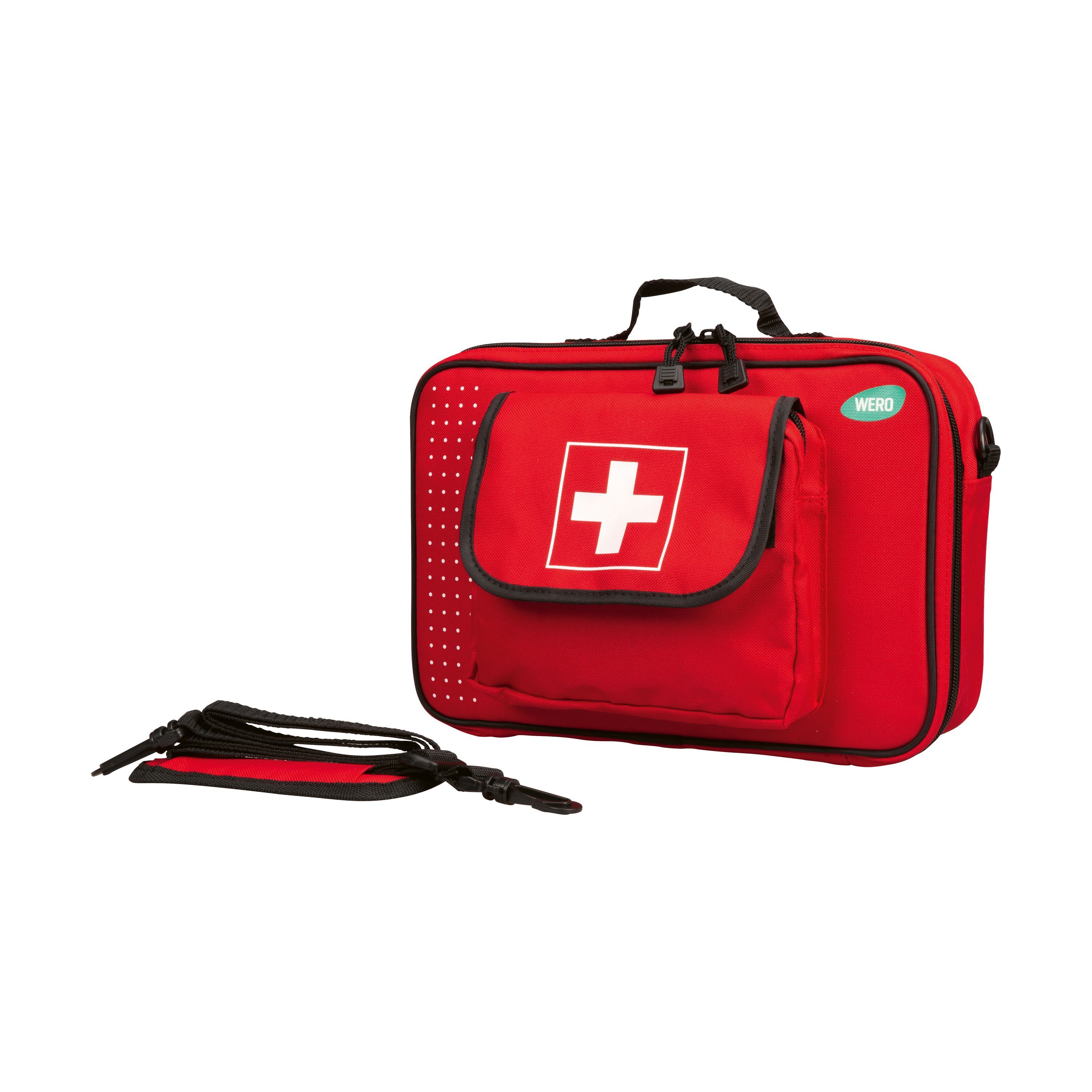 Rote Erste-Hilfe-Tasche mit Tragegriff. Weißes Kreuz auf der Front. Seitlich weiße Punkte. Mit WERO-Logo. Inkl. Schultergurt.