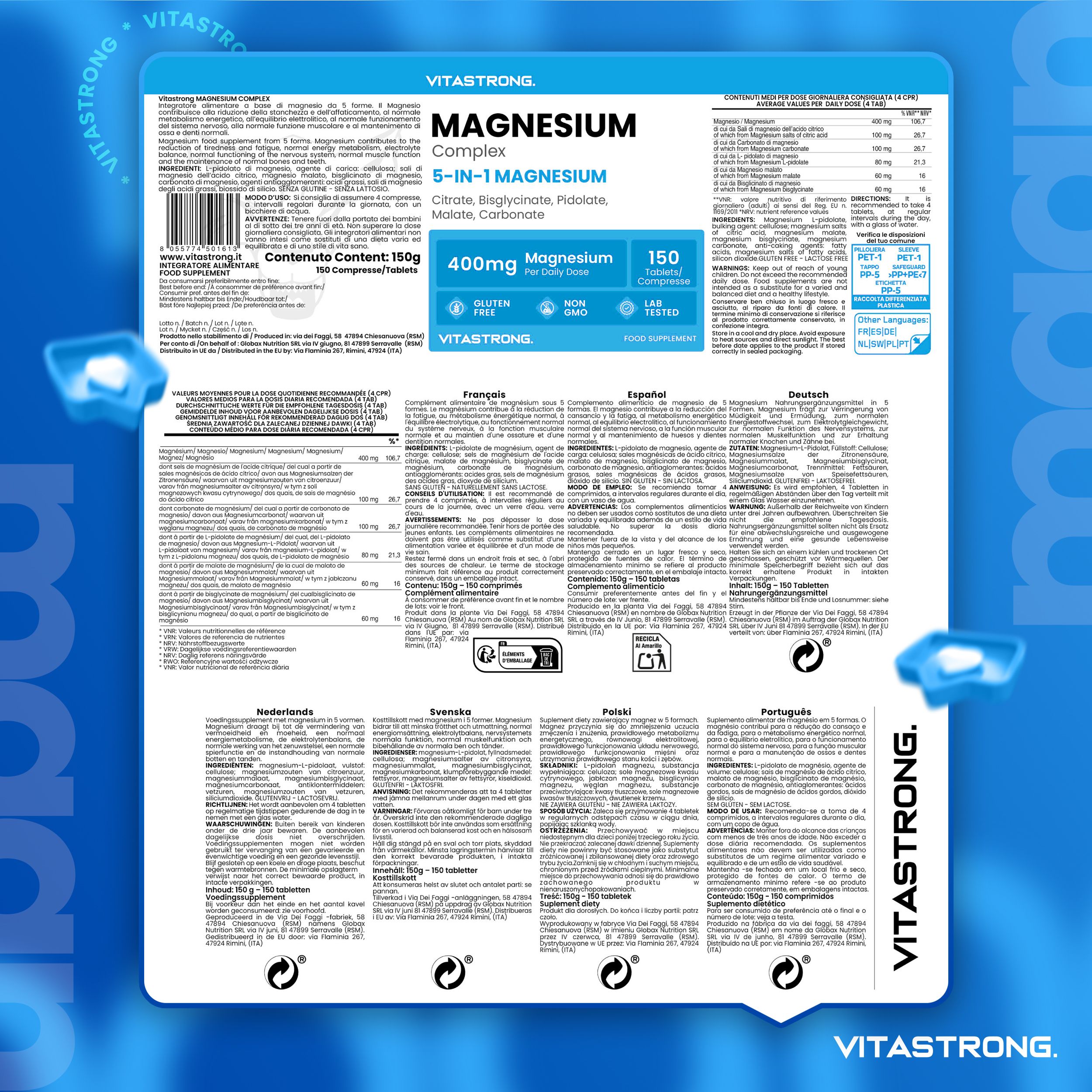 Rückseite der Verpackung. Magnesium-Komplex 5-in-1. 150 Tabletten. Enthält 400mg Magnesium. Inhaltsstoffe, Nährwertangaben.