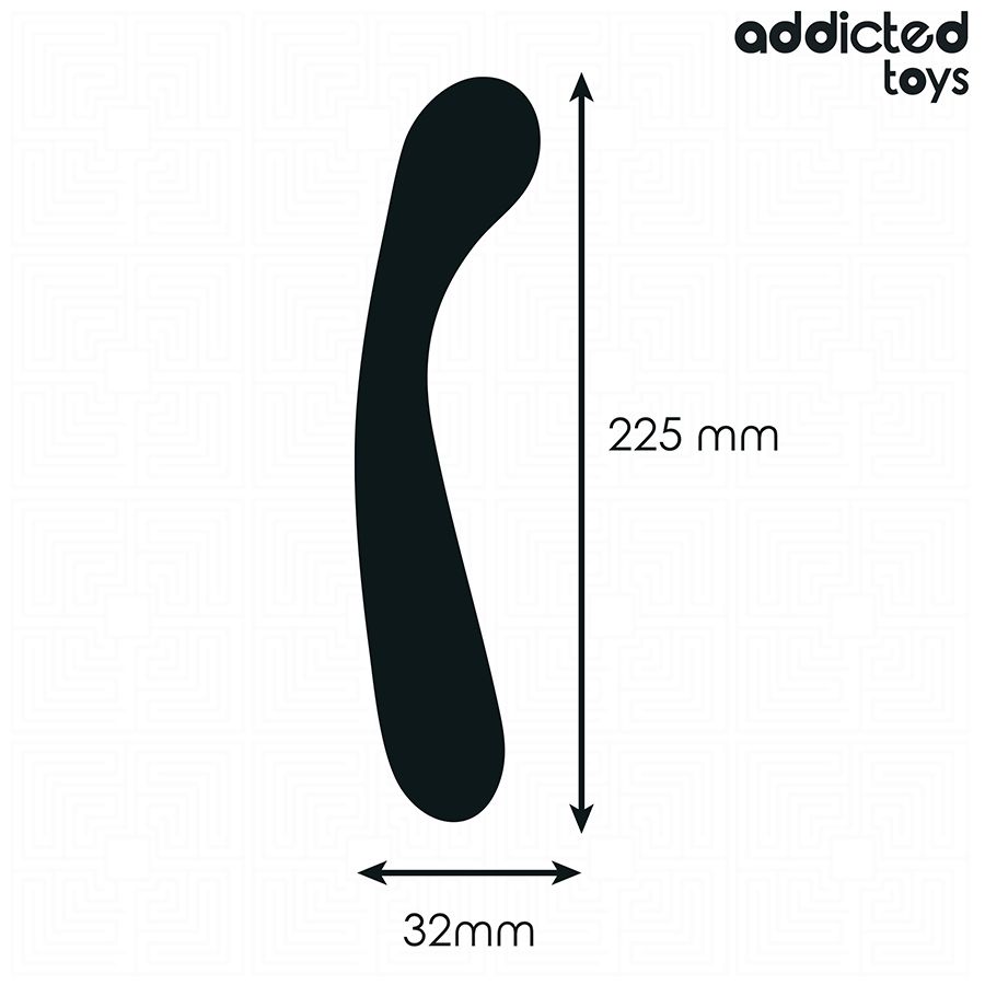 Schwarzer Analstimulator mit Maßangaben: 225 mm Länge und 32 mm Breite. Das Produkt ist gebogen und länglich.