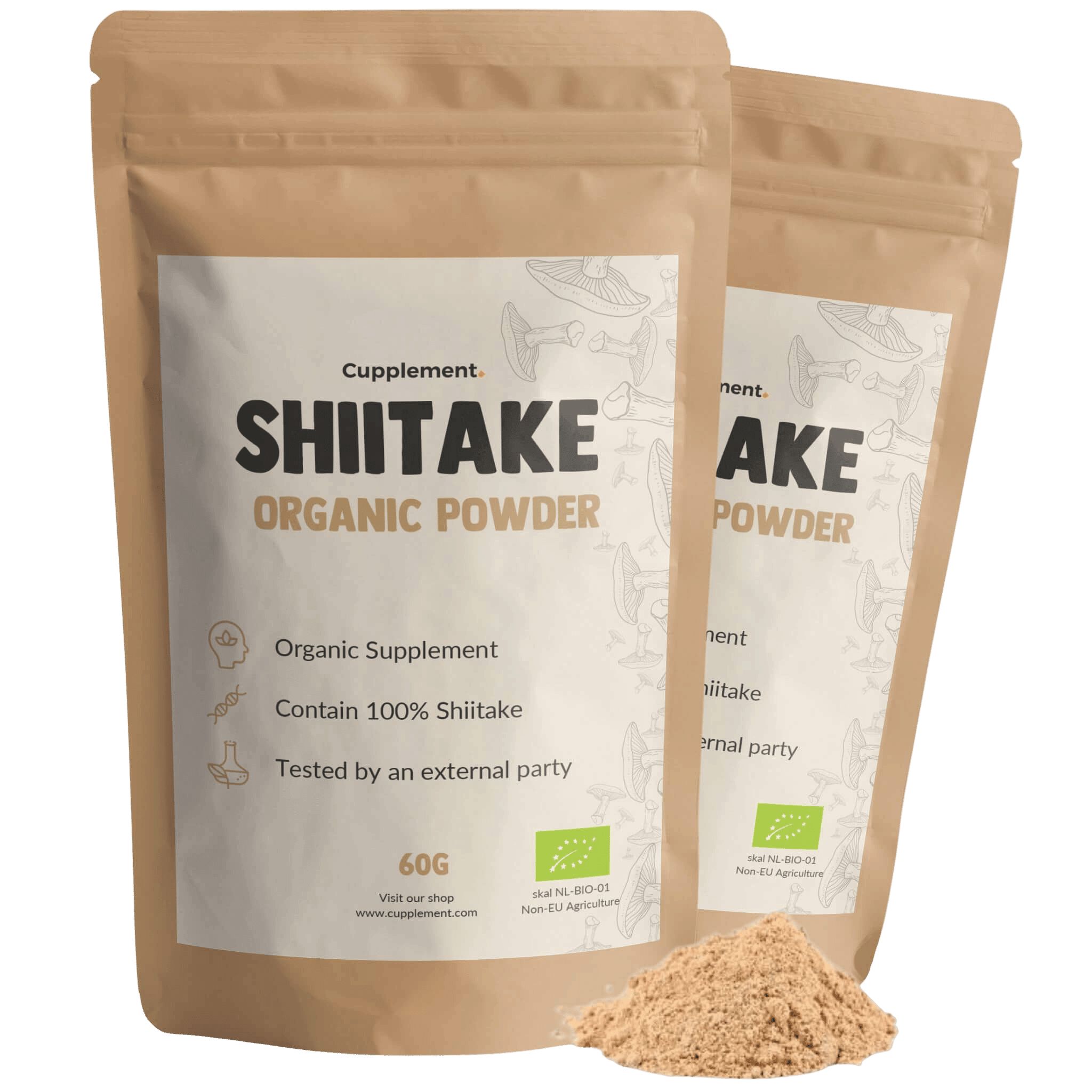 Zwei Beutel Shiitake-Pulver. Aufschrift: Shiitake Organic Powder. EU-Bio-Logo. 60g.