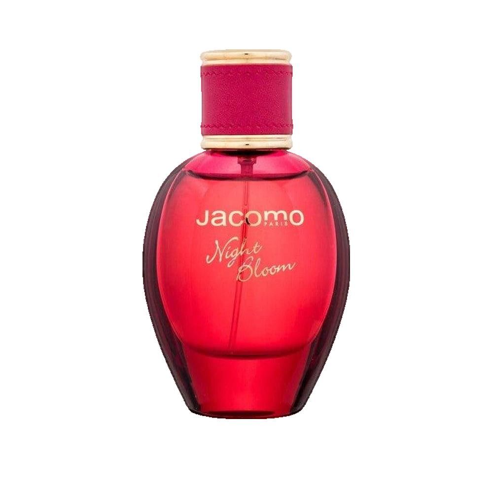 Roter Flakon mit goldfarbenem Verschluss. Aufschrift: Jacomo Night Bloom. Rote Flüssigkeit sichtbar.