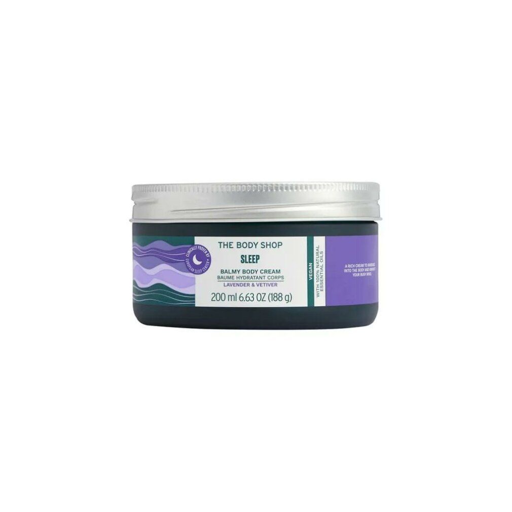Dunkelblauer Tiegel mit silbernem Deckel. Aufschrift: Sleep, Balmy Body Cream, Lavender & Vetiver. 200 ml.