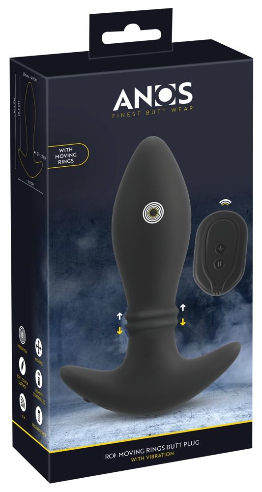 Verpackung mit schwarzem Anus-Plug. Auf der Verpackung steht 'ANOS FINEST BUTT WEAR'. Der Plug hat eine tropfenförmige Spitze und einen T-förmigen Griff.