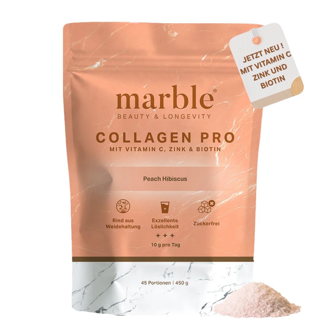 Produktbeutel mit Aufdruck: marble Collagen Pro, Peach Hibiscus, Vitamin C, Zink & Biotin. Mit Zusatzinformationen.